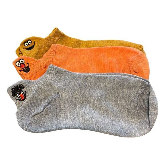 Emoji Smile Face Embroidered Ankle Socks Blue Orange Mustard 3 Pairs Cotton - Picture 1 of 11